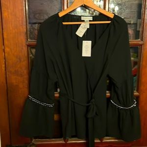 NWT Neiman Marcus Embellished Bell-Sleeved Wrap Top, sz S